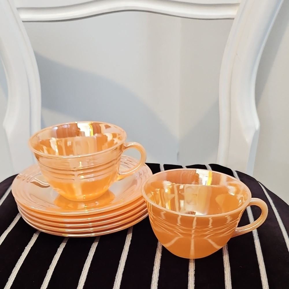Vintage Oven Fire King Peach Luster Tea cup & Saucer Set Of 7 Pieces